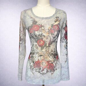 Y2K Rock & Republic Rose Print Semi-Sheer Top
